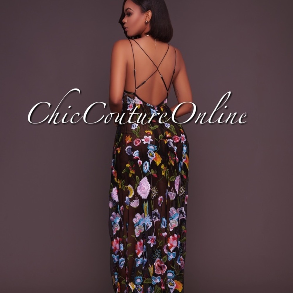 Black embroidered spaghetti strap dress